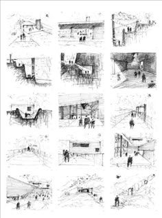 several sketches of people walking in the snow