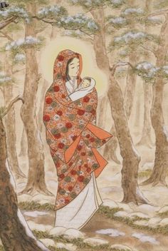 a painting of a woman holding a baby in a forest with snow on the ground