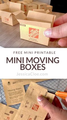 someone is holding a pen and moving boxes with the text free printable mini moving boxes