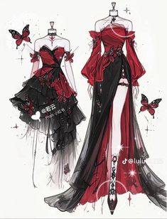 two dresses with butterflies on them and one is black and white, the other has red