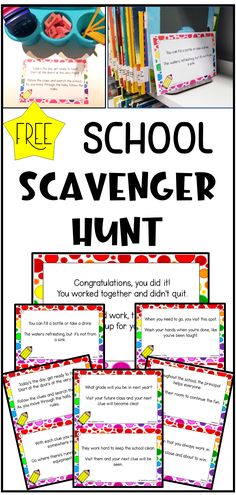 The pin shows six printbale activity riddle cards and two pictures of the cards hidden in a school location such as the library and on a desk. School Scavenger Hunt Riddles, Scavenger Hunt School, Kindergarten Scavenger Hunt, Free Printable Escape Room, Back To School Scavenger Hunt, Classroom Scavenger Hunt, Scavenger Hunt Riddles, School Scavenger Hunt, Printable Escape Room