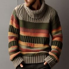 Christmas Sweater Men's Turtleneck Sweater Jumper Pullover Sweater Striped Sweater Ribbed Cable Knit Regular Knitted Color Block Keep Warm Modern Contemporary Daily Wear Clothing Apparel Fall 2023 - US $32.99 Mens Pullover Sweater, Casual Turtleneck, Mens Turtleneck, Striped Knitted Sweater, Mens Cardigan Sweater, Mens Plus Size, Pullover Men, Knitted Jumper, Winter Sweaters