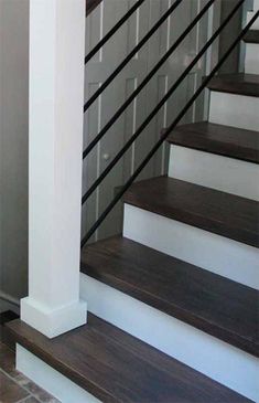 a dog is sitting on the steps in front of some stairs with black railings