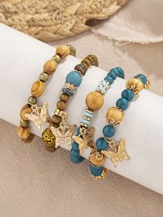 4pcs Bohemian Style Multi-Layer Beaded Bracelet With Delicate Butterfly Pendant Elastic Stretch Bracelet Hole Blue    PMMA     Women Fashion Jewelry, size features are:Bust: ,Length: ,Sleeve Length: Delicate Butterfly, Estilo Hip Hop, Styl Boho, Watches Women Fashion, Bead Charm Bracelet, Bead Bracelets, Butterfly Pendant, Stretch Bracelets, Multi Layering