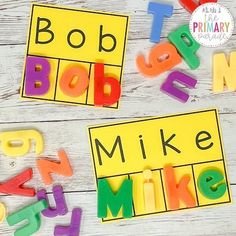 letters and numbers made out of magnets on a wooden surface with the words bob bob mike