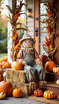 a scarecrow sitting on a porch with pumpkins and corn