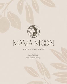 the logo for mama moon botanicals, with leaves and branches in beige on a white background