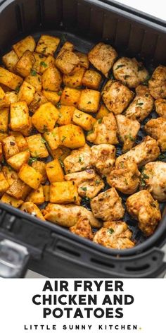 an air fryer chicken and potatoes recipe with title