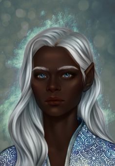 a digital painting of a woman with white hair and blue eyes