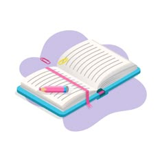 an open book with a pencil and eraser next to it on a purple background