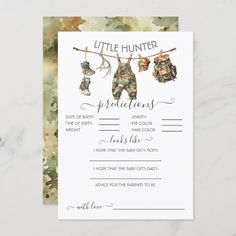 a baby shower card with clothes hanging on a line and the words, little hunter