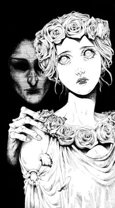 a black and white drawing of a woman with roses in her hair, standing next to a man