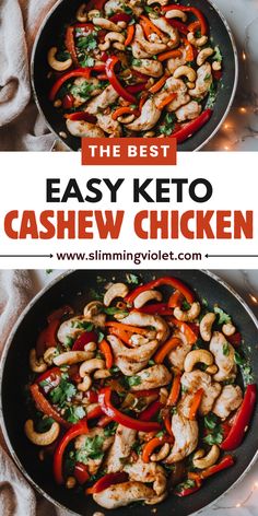 the best easy keto cashew chicken in a skillet with peppers and mushrooms