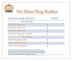 pet sitter / dog walker pricing sheet with price list for each item in the package