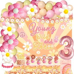 an image of a birthday party with balloons and flowers on the front, along with other decorations