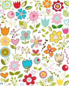 colorful flowers and hearts on a white background