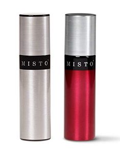 a red and silver bottle next to each other on a white background with the word misto written in black