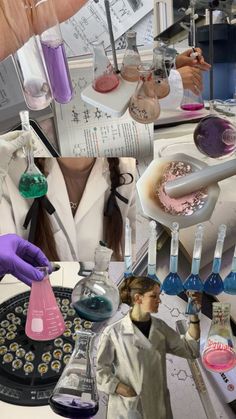 a woman in a lab coat and purple gloves is holding a flask with liquid