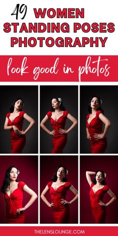 a woman in red poses with her hands on her hips and the words, 10 women standing