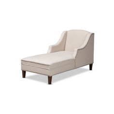 a white chaise lounge chair with an open back and foot rest on the side