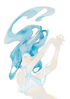 a drawing of a woman with blue hair and white bodysuit holding her arms out