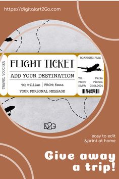 an airplane ticket is shown with the words, give away a trip and it's image