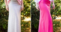 two women in long skirts are standing next to each other and one is wearing a white shirt