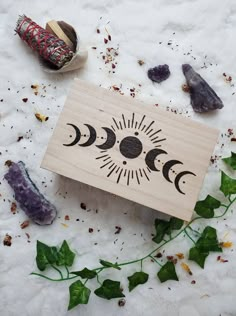 a wooden box sitting on top of a snow covered ground next to some rocks and plants