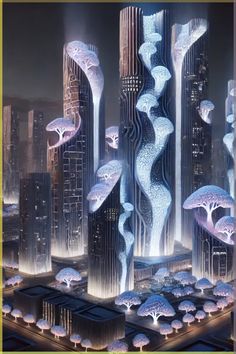 a futuristic city with tall buildings and trees