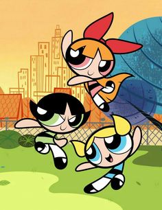 the powerpuff girls are playing soccer together in front of a cityscape