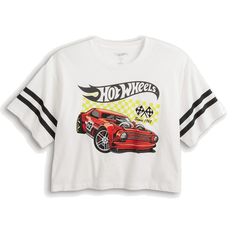 Brand New With Tags, Officially Licensed Women's Juniors Size Graphic Tee In White Fabric With Black Stripes On The Sleeves And An Image On The Front Of A Red Diecast Toy Race Car With The Classic Hot Wheels Logo Above With Checkerboard Flags Saying Since 1968. Toy Race Cars, Wheel Logo, Crop T Shirt, Diecast Toy, Crop Tshirt, Race Car, White Fabric, White Fabrics, Black Stripes