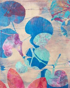 an abstract painting with blue, red and pink leaves on it's surface stock photo