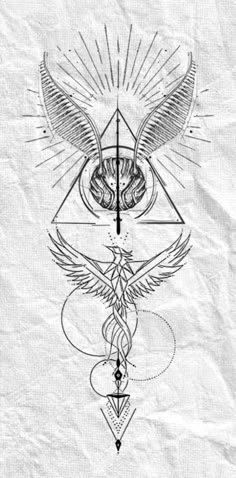 a drawing on paper with an image of a bird, triangle and two snakes in the middle