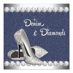 a pair of high heel shoes on denim and diamonds wedding card with the words,'denn & diamonds '