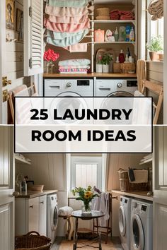 Laundry room ideas with organized shelves, washing machines, and decorative elements like plants and flowers. Laundry Aesthetic, Functional Laundry Room, Flooring Options Durable, Room Decor Inspiration, Wall Mounted Drying Rack, Pantry Laundry Room