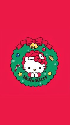 the hello kitty christmas card is shown in red and green with an image of santa's hat on it