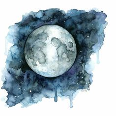 a painting of the moon in space with blue and black paint splattered on it