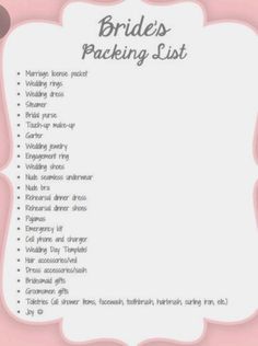 the bridal packing list is shown in pink