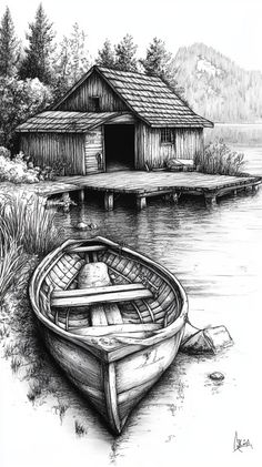 a pencil drawing of a boat sitting in the water next to a dock with a hut on it