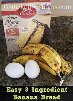 the ingredients for an easy 3 ingredient banana bread are displayed in front of a box