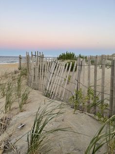 the beach is fenced off with sand and grass