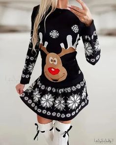 Lasaky - Elk Christmas Snowflake Print Casual Long Sleeve Dress Hoodie Costume, Womens Wrap Dress, Christmas Moose, Snowflake Print, Dress Christmas, Long Sleeve Casual Dress, Long Sleeve Print Dress, Vestido Casual, Women Sleeve