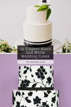 black and white wedding cakes with flowers on the top are featured in this postcard