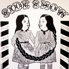 two girls standing next to each other in front of a sign that says show shop