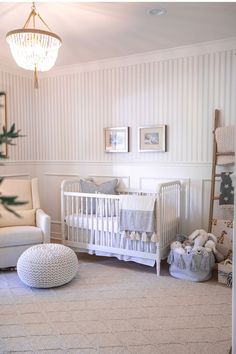 Olivia Rink’s Cozy Chic Nursery Design Reveal Striped Wallpaper Nursery, Beige Nursery, Nursery Trends, Classic Nursery, Cozy Nursery, Nursery Boy