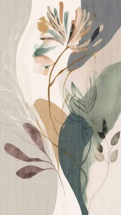 an abstract painting with flowers and leaves on the back ground, in shades of gray, beige, green, brown and white