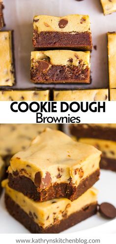 cookie dough brownies are stacked on top of each other with chocolate chips in the middle