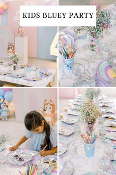 Is your kid obsessed with Bluey? If so, you’ll be inspired by this adorable kids Bluey Birthday Party with all the fun details from the pastel color scheme to the coloring tablecloth activity | Creative Crayons Workshop Coloring Tablecloth, Fiesta Bluey, Anna Birthday, Birthday Table Decorations