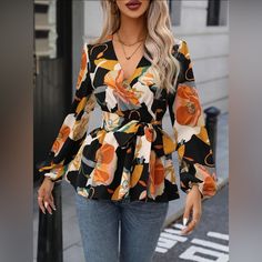 This Is A Beautiful And Lightweight Tied Blouse With Embellished Sleeves For A Trendy Look. Super Flexible For Any Style You Are Looking To Achieve. Skirt In Video Is Also In My Closet Embellished Sleeves, Super Flexible, Tie Blouse, Lantern Sleeve, Lantern Sleeves, Orange White, Color Orange, Top Blouse, Floral Prints