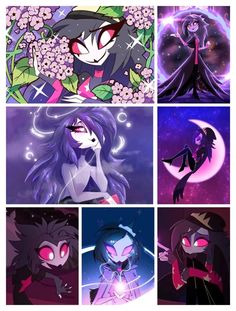 four different images of an anime character with pink eyes and black hair, one is holding a